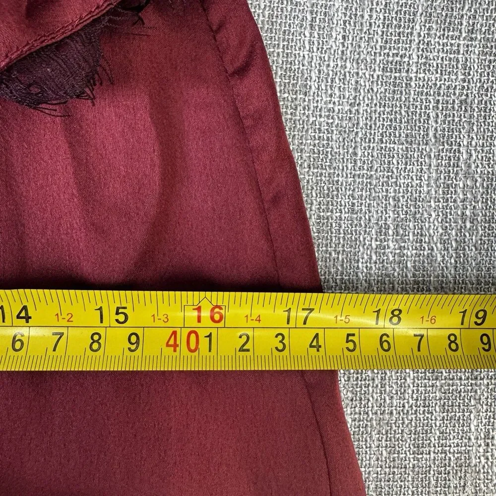 Nasty Gal Burgundy Satin Wide Leg Jumpsuit Lace Trim PTP 16 Open Back XXS Slit - Picture 15 of 16